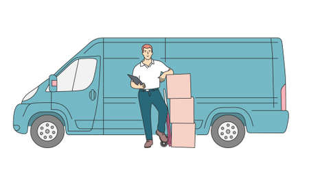 Delivery, courier service concept. Flat vector illustration. Delivery courier man holding package...