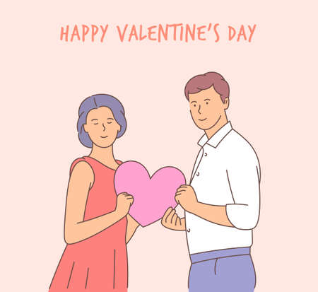 Lifestyle concept on Valentine's Day theme. Young happy couple of lovers holds a red heart. Romantic vector illustration on love story theme.のイラスト素材