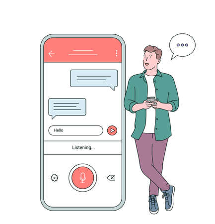 Voice recognition, speech recognition concept. Flat vector illustration. Man boy holding smartphone talk with friend on loud speaker having pleasant conversationのイラスト素材