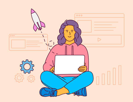 Startup business concept. Flat vector illustration. Startup business concept. Young smiling woman...