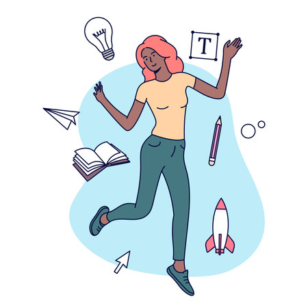Creative Professions concept. Flat vector illustration. Female designer, illustrator or freelance worker immersed in the creative process.のイラスト素材