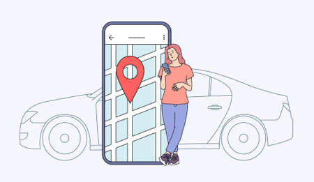Car sharing and online application concept. Flat vector illustration. Young woman near smartphone screen with route and location point on a city map with car background.のイラスト素材
