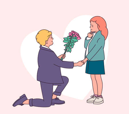 Love story or Valentines day concept. Modern line style illustration. Boy presenting roses bouquet to his little girlfriend while standing on knee.のイラスト素材