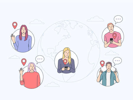 Communicate, online chat concept. Flat vector illustration. People communicate over Internet. Remote business team, world wide web and marketing.のイラスト素材