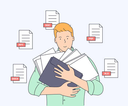 Document, business, accounting, search concept. Flat vector illustration. Young smiling man with some documents ready to work.のイラスト素材
