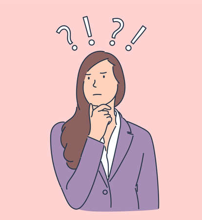 Problem, question, thinking concept. Young business woman choose decide dilemmas solve problems finding new ideas. Hand drawn style vector design illustrations.のイラスト素材