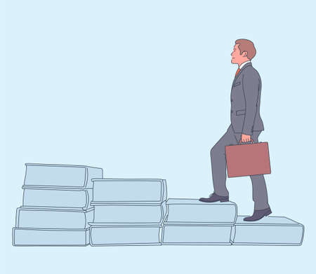 Career advancement, successful, achievement. Happy successful businessman moving up the career ladder with a case. Flat vector illustration.のイラスト素材