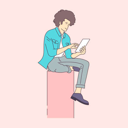 Concept illustration of online courses, distance studying, self education, digital library. E-learning banner. Online education. Vector illustration in flat styleのイラスト素材