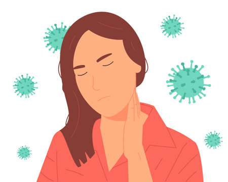 Coronavirus 2019-nCoV symptom. Infected woman illustration. CoV-2019 prevention, coronavirus symptomのイラスト素材