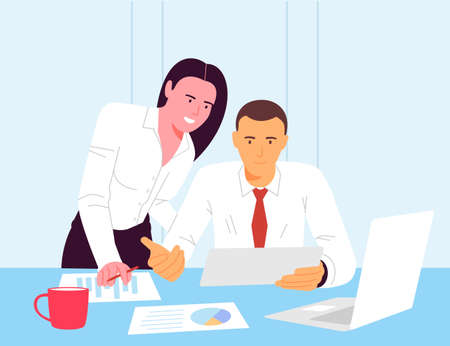 Vector flat illustration of workflow in the office, a group of businessmen working at a computer, and another part of marketers discuss marketing solutions and business plans.のイラスト素材