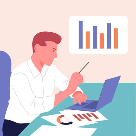 Analytics, statistics, planning, business partnership concept. Young people, man conduct analysis, development strategy. Flat vectorのイラスト素材