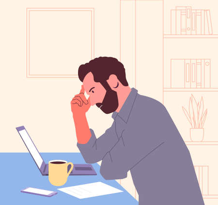 Bankruptcy, burnout, collapse, business concept. Tired frustrated young man businessman in psychological stress at the end of the day in the office. Problems, unsolved cases. Brainstorming.のイラスト素材