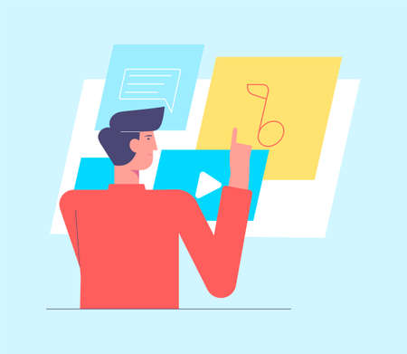 Guy browse social networks. Man making post and sharing happy moments with their followers. Social media influence and addiction. Vector illustration in flat cartoon style.のイラスト素材