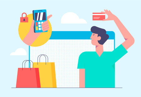 Online mobile shopping concept. Vector illustration in flat style design. Man buying products from bank card and make payment on internet.のイラスト素材