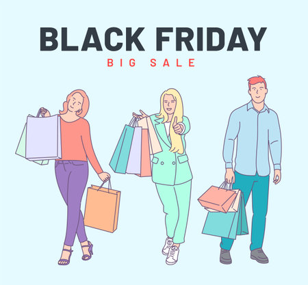 Black Friday banner concept. Young happy smiling customers friends walking together with shop bags from store. Hand drawn in thin line style, vector illustrations.のイラスト素材