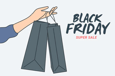 Black Friday banner concept. Hand holding shopping bags. Good shopping on black friday. Hand drawn thin line style, vector illustrations.のイラスト素材