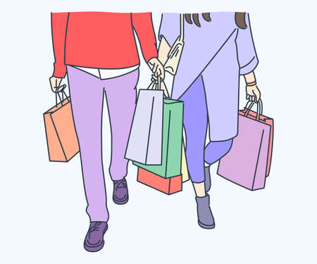 Shopping, sale, choice, store, buy concept. Young couple carrying a shopping bags.Hand drawn thin line style, vector illustrations.のイラスト素材