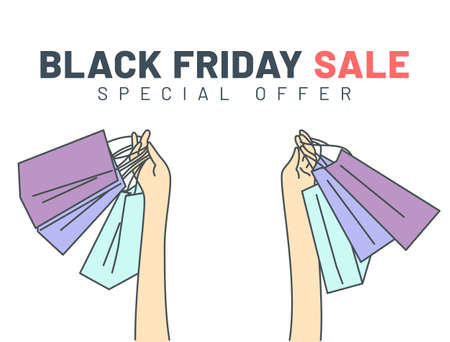 Black Friday banner concept. Hands holding shopping bags on Black Friday.のイラスト素材