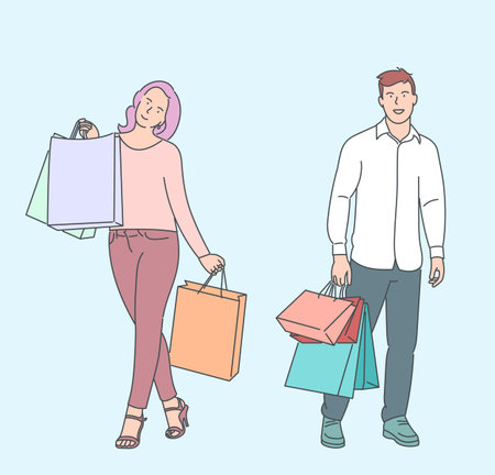 Shopping, sale, choice, store, buy concept. Young man woman husband wife boyfriend girlfriend characters carrying a shopping bag. Joy for buying sale goods, discounts.のイラスト素材