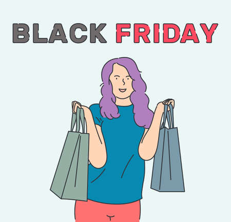 Black Friday banner concept. Beautiful girl carrying a shopping bags and smiling happily. Hand drawn in thin line style, vector illustrations.のイラスト素材