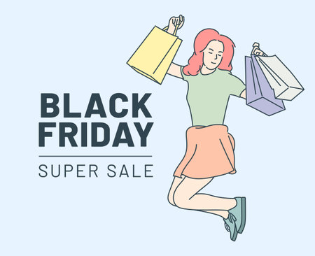 Black Friday banner concept. Young happy girl or woman jumping with shop bags. Hand drawn thin line style, vector illustrations.のイラスト素材