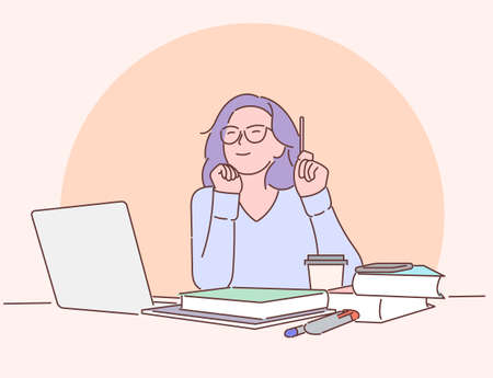 Work, education, freelance concept. Happy businesswoman or girl working on a laptop in the office.のイラスト素材