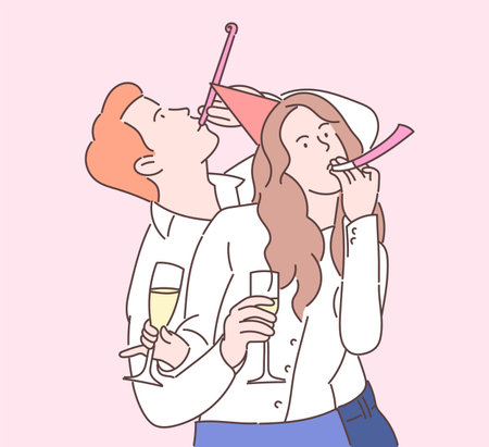 New Year celebration, festive mood concept. Joyful managers or colleagues celebrating holiday together.のイラスト素材