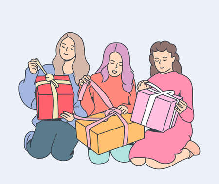 Holiday, gift, celebration concept. Happy young sisters spent time at home.Girls with christmas gift. sisters together.のイラスト素材