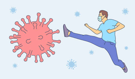 virus, fighting, infection, protection concept. Young man cartoon character in medical face mask...