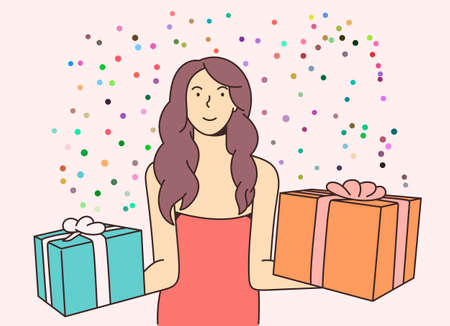 Holiday, gift, celebration concept. Young happy cheerful smiling excited woman girl celebrating new year and holding presents. New year christmas or birthday gifts giveaway illustration.のイラスト素材