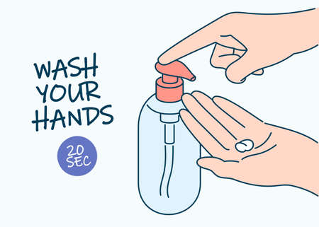Hygiene, disinfection,   protection concept. Hand washing with hygiene soap. Preventive measures from  disease infection illustration.のイラスト素材