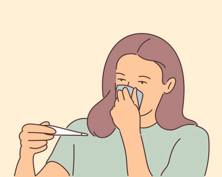 Health, care, desease, cold, medicine concept. Young sad ill sick wman girl cartoon character checks the temperature. Hand drawn style vector design illustrations.のイラスト素材