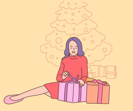 Christmas or New year concept. Young happy smiling woman cartoon character unpacking many presents. New year christmas or birthday gifts giveaway illustration.のイラスト素材