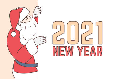 Cheerful Santa Claus holding and looking at New Year's banner. Christmas gift, New Year surprise concept.のイラスト素材