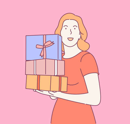 Holiday, gift, celebration concept. Young happy cheerful smiling excited woman girl holding carrying present. New year christmas or birthday gifts giveaway illustration.のイラスト素材