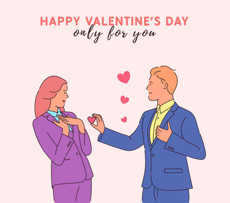 Love, valentines day concept. Young enamored man giving heart-shaped card to shocked woman. Modern line style illustrationのイラスト素材