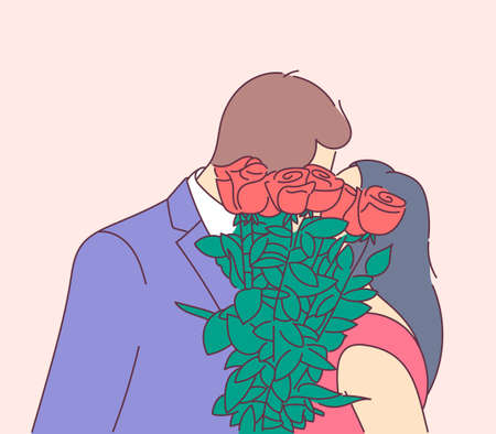 Love, dating, romance, relationship, togetherness, couple concept. The couple kisses and covers their faces with a bouquet.のイラスト素材