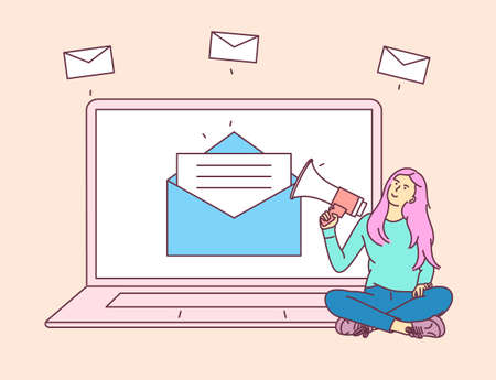 Digital marketing, email campaign concept. Young woman girl at the laptop, holding speaking with a megaphone. Modern line style illustrationのイラスト素材
