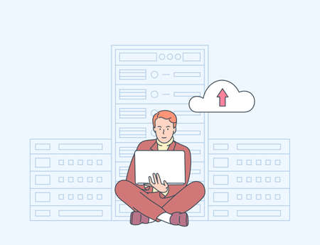 Online security, data protection, antivirus software, cloud hosting concept. Young man IT administrator working in server room for hardware diagnostic.のイラスト素材