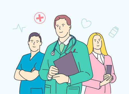 Healthcare, medicine, team, leadership concept. Group of young smiling confident men and women doctors colleagues cartoon charactersのイラスト素材
