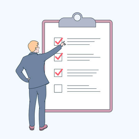 Successful task completion and time management concept. Young smiling businessman cartoon character standing near tablet. Flat vector illustrationのイラスト素材