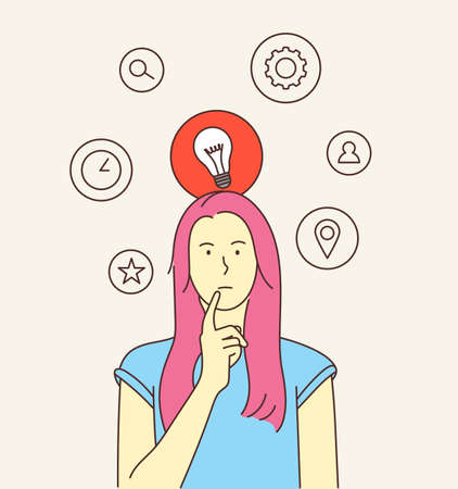 Thinking, idea, search, business concept. Young woman or girl, indecisive lady thought choose decide dilemmas solve problems finding new ideas.のイラスト素材