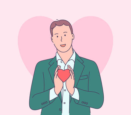 Love story or Valentines day concept. Handsome funny happy man in jacket and white shirt holding red big heart shape.のイラスト素材