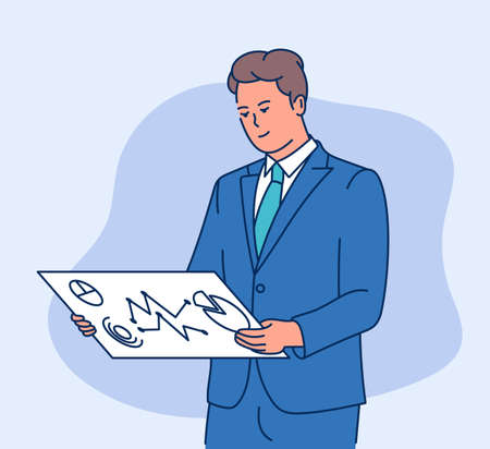 Data information business concept. Young Smart business man analyzing data information on screen. Flat vector illustrationのイラスト素材