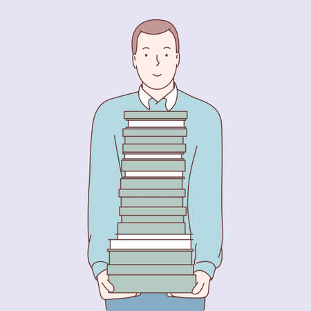 E learning or self education concept. Student with pile of booksのイラスト素材