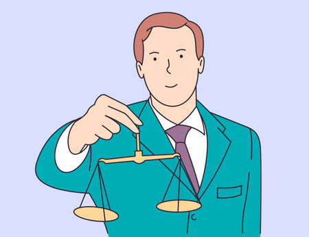 Law, justice, notary, work concept. Young happy smiling man guy clerk manager lawyer attorney judger...