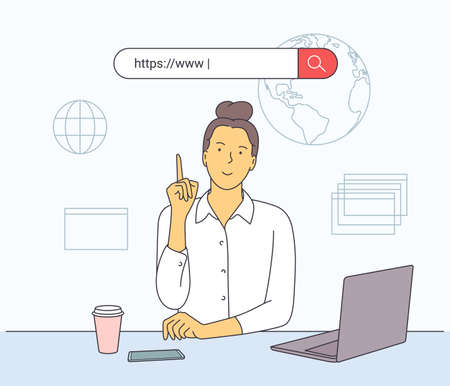 Online education concept. Woman connecting with her computer at home and following online courses, distance learning.のイラスト素材