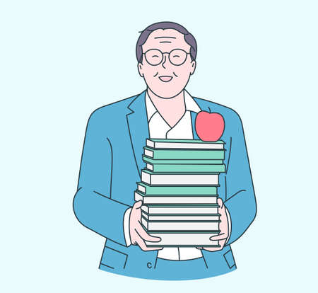 Happy teachers day concept. Happy old teacher holds a books t hands at school or college.のイラスト素材