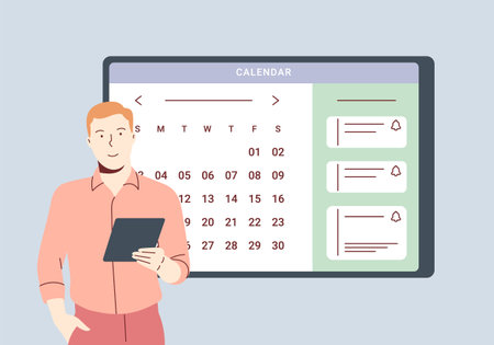 Planning schedule and online calendar concept. Business man planning day scheduling appointment in calendar application. Man is adding event, meeting reminders in planning app.のイラスト素材