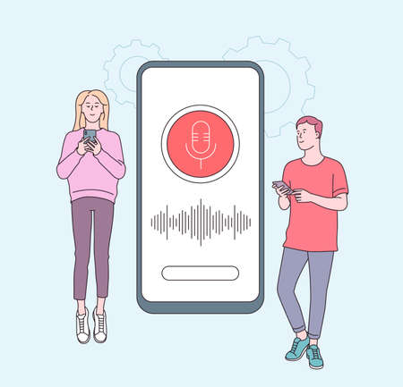 Smart speaker, voice assistant concept with characters. Young people with gadgets near smartphone....